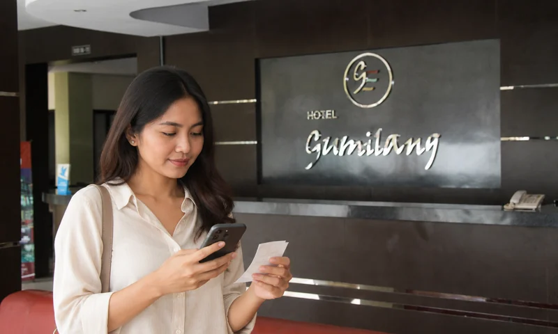 Tamu menggunakan ponsel di area resepsionis Gumilang Hotel Puncak untuk membantu proses pengecekan kamar.