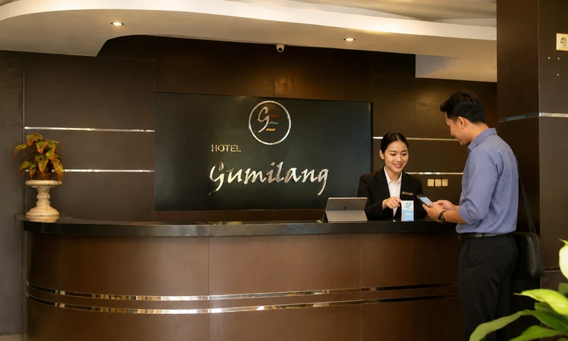 Resepsionis atau kanal informasi Gumilang Hotel Puncak Bogor sebagai visual pendukung kontak dan reservasi resmi.